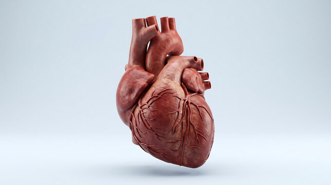 Realistic human heart isolated on white background 3D anatomical model with aorta and coronary arteries