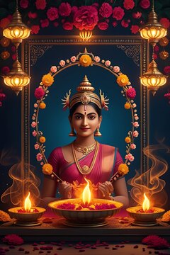 Indian woman traditional saree celebrating Diwali oil lamps pictures