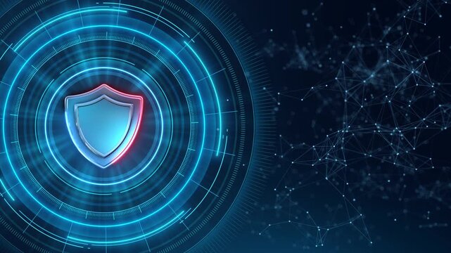 Neon security emblem glows digital dashboard, nodes spread across background. trust, threat prevention, cloud security, identity protection, compliance, encryption, cyber insurance, tech presentations