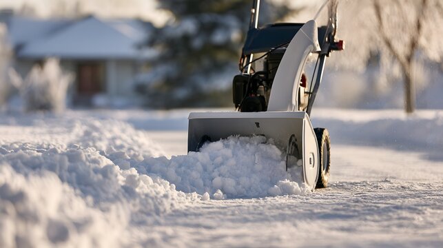 A snow blower prepared for clearing heavy snowfall from residential outdoor areas.