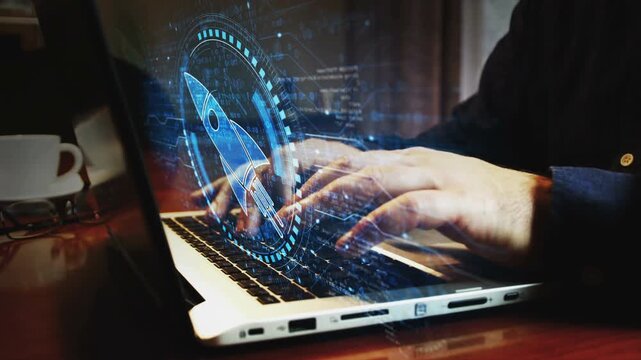 Startup business rocket launch symbol and man typing computer keyboard. Hands on laptop. Network, cyber technology and background abstract concept.