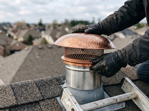 Professional technician with protective gloves accurately fitting hammered copper chimney cap onto stainless steel flue pipe over residential asphalt shingle rooftop.
