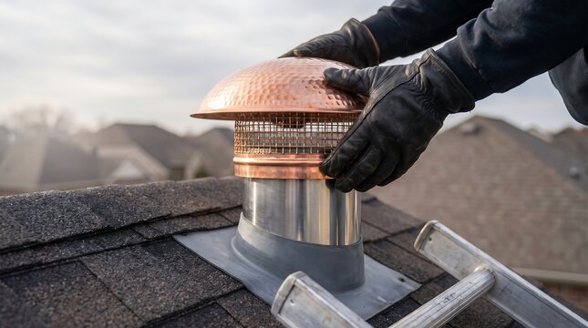 Skilled roofer wearing leather gloves securely installs shiny copper chimney cap on residential roof flue pipe beside aluminum ladder under cloudy daylight outdoor sky.