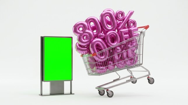 Pink 80 percent off balloons in shopping cart, green screen billboard mockup, retail sale promotion concept on white background