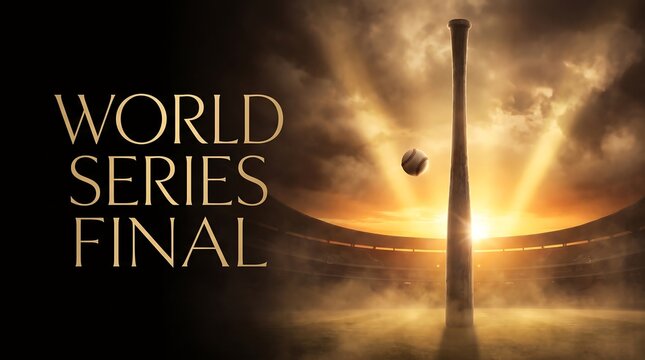 Cinematic Baseball World Series Final Banner with Bat and Ball in a Golden Stadium at Sunset for Championship Promotion and Sports Events