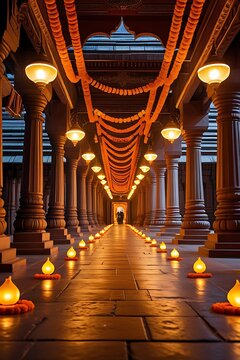 Traditional Indian temple corridor marigold lamps HD images