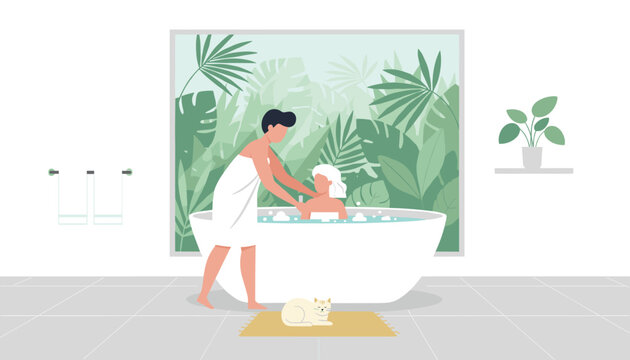 Romantic couple relaxing in a bubble bath inside a beautiful bathroom with tropical plants and a sleeping cat.
