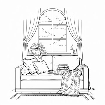 black and white line art of a hall with sofa window and curtain 
