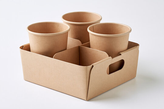 Kraft paper cup carrier holding three empty paper cups on white background