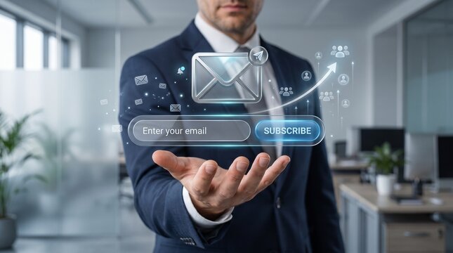Business professional holding a holographic email and messaging interface in an office with email hologram business technology digital communication office environment