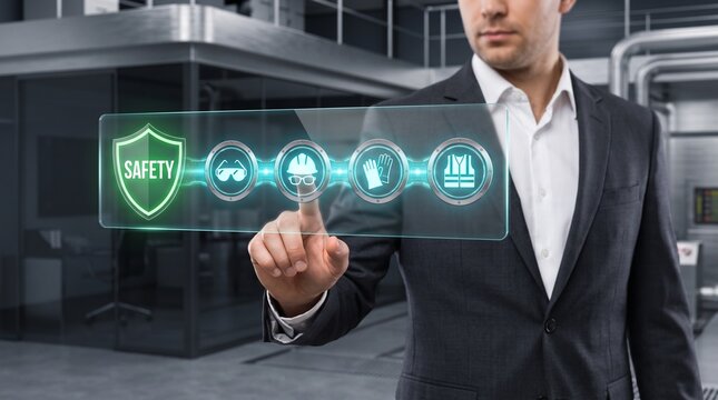 Industrial safety management concept with holographic icons and touch interface factory technology worker safety digital dashboard virtual interface protection conce