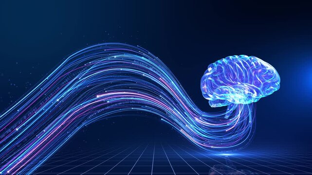 Brain receives sweeping streams of information space generous copy area. big data, deep learning, interfaces, automation, analytics, medical technology, innovation campaigns science presentations.