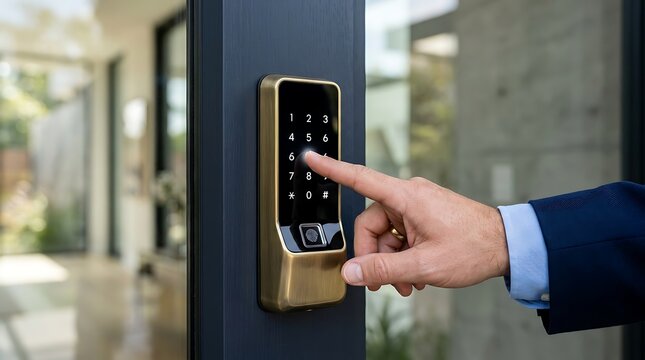 Person wearing suit touching keypad on modern smart door lock with fingerprint scanner for secure entry and access control in home or office building.