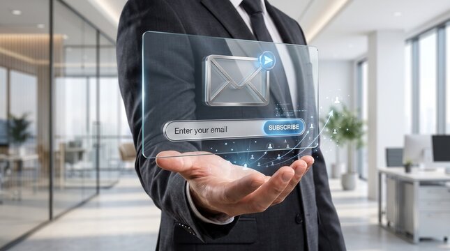 Corporate professional presenting secure messaging and email digital interface with messaging system business communication corporate tech hologram display enterprise
