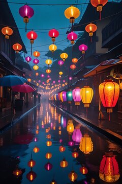 Colorful Chinese lanterns glowing canal traditional town pictures