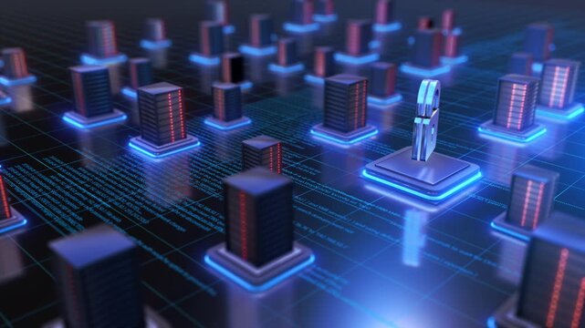 Server network features glowing lights main lock icon coded technology. cloud storage, encryption, hosting, access control, backup systems, ransomware prevention, compliance, information technology.
