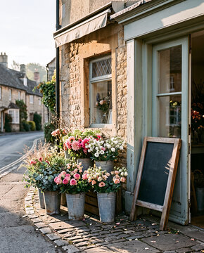 Fresh flowers in buckets and blank chalkboard sign outside a rustic stone flower shop storefront in a quaint village