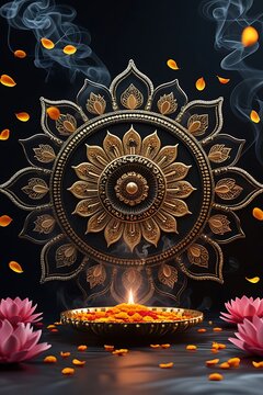 Diwali diya golden mandala floating flower petals wallpaper images