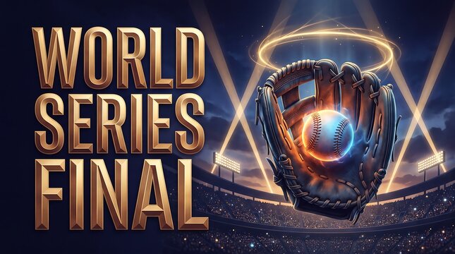 Dramatic World Series Final Sports Illustration Featuring Golden 3D Text, Baseball Glove, and Glowing Ball in Stadium at Night