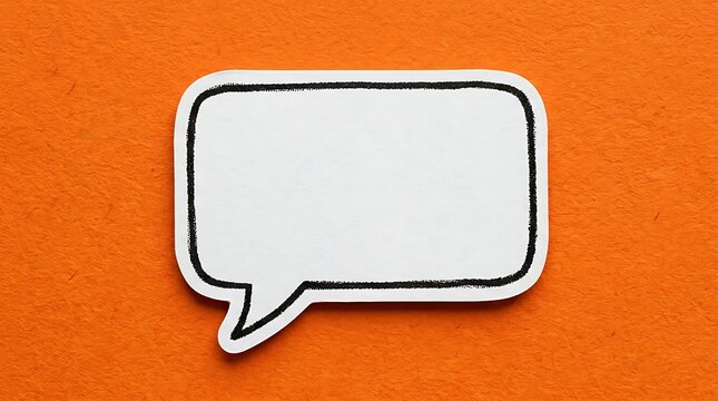 Blank white speech bubble with black outline on textured orange background for messages.