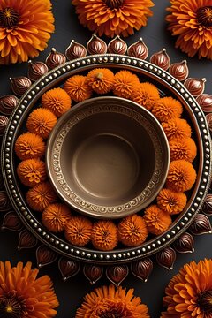 Diwali festival decoration marigold flowers metal bowl images