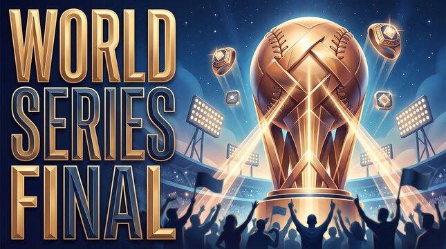 World Series Final Baseball Championship Poster with Golden Trophy, Championship Rings, and Cheering Crowd in a Glowing Night Stadium Illustration