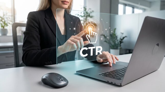 Businesswoman interacting with digital touchscreen interface showing ctr click through rate metric office worker web traffic businesswoman touchscreen marketing