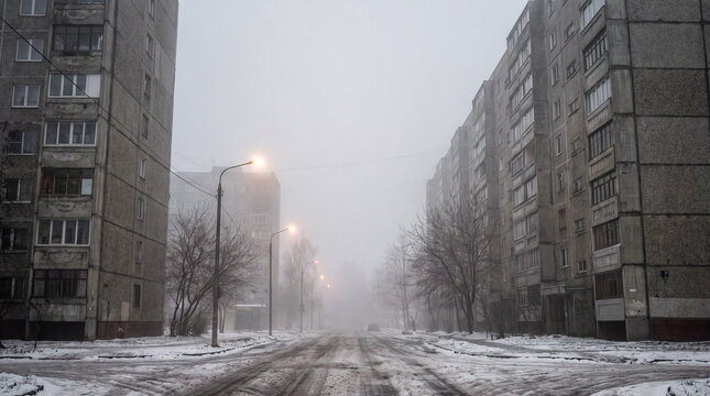 Winter street scene in a city with heavy snow and fog on an early morning