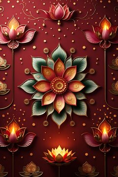 Diwali glowing lotus diya deep red background wallpaper images