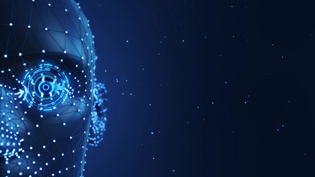 Humanoid profile combines points, circular optical interface backdrop. AI assistants, robotics, identity verification, autonomous systems, virtual reality innovation campaigns 19 presentations