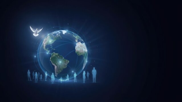 Futuristic digital illustration of a glowing earth globe with network lines, peace dove and people silhouettes for global connectivity and unity concept