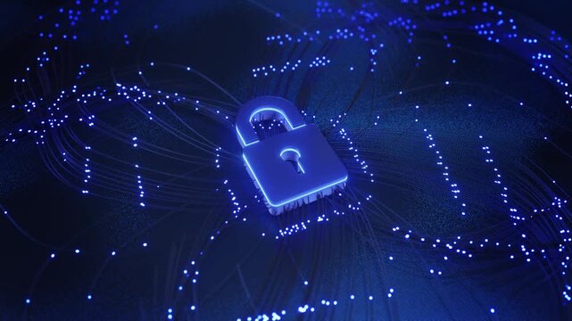 Glowing fiber lines secure lock 19 background trust, cyber defense, ransomware prevention, database security, confidential information, risk management network monitoring enterprise protection