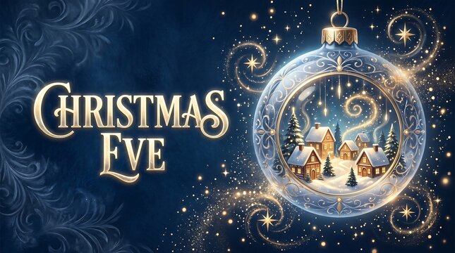 Magical Christmas Eve Banner with Miniature Snowy Village inside Glass Bauble and Elegant Golden Typography on Blue Background