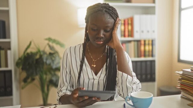 Woman holding tablet with one hand and hand to head, seated at office desk with books, folders, glasses and coffee mug; stressed focus.