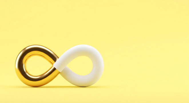 Infinity symbol in gold and white, 3D mathematical loop on yellow background, conceptual sign of eternity and limitless growth