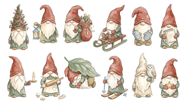 Watercolor Christmas Gnomes Character Set with Sled Ski Baking and Winter Elements