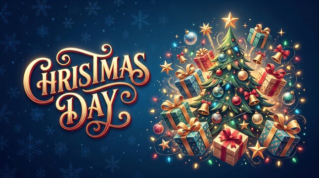 Christmas Day Festive Illustration with Decorated Tree, Gift Boxes, and Elegant Golden Typography on Dark Blue Snowflake Background