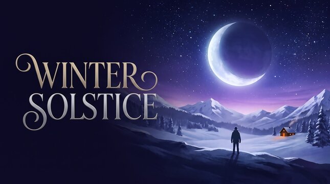 Winter Solstice Magical Night Landscape with Crescent Moon, Stars, Snowy Mountains and a Silhouette of a Man Standing near a Cozy Cabin
