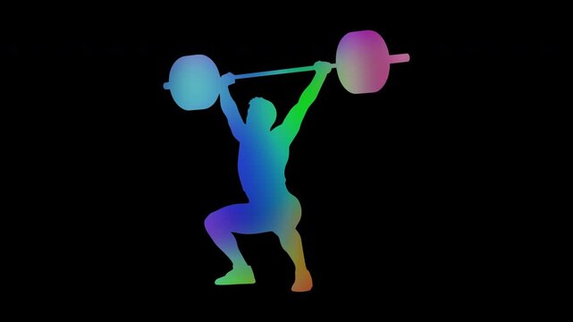 Colorful abstract patterns of snatch weightlifting by a male athlete, alpha channel, looping