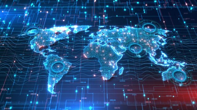 Digital map points scan global interface. cybersecurity operations, threat intelligence, defense monitoring, geopolitical analysis, surveillance, risk assessment, emergency response strategic planning