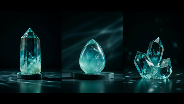 Three panels featuring teal fluorite crystals and a polished egg on a dark reflective surface