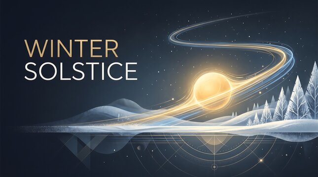 Modern Winter Solstice Greeting Background with Glowing Golden Sun, Light Trails, Snowy Landscapes, and Pine Trees for Seasonal Celebration