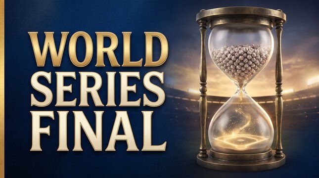 Epic World Series Final Baseball Championship Announcement with Vintage Hourglass Concept in Stadium at Sunset Background