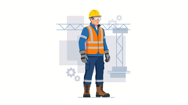 Professional Male Construction Worker Wearing Safety Gear in Industrial Site Background Illustration