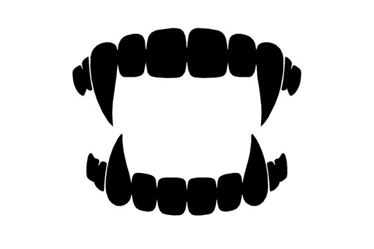 Vampire Teeth Set. Cartoon Fangs Graphic. Scary Mouth With Sharp Canines. Halloween Costume Prop. Black Silhouette Vector Illustration