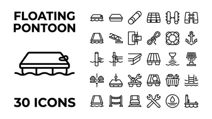 Floating Pontoon Icon Set: A comprehensive collection of 30 minimalist line icons depicting various aspects of floating pontoons and marine infrastructure. © Saima