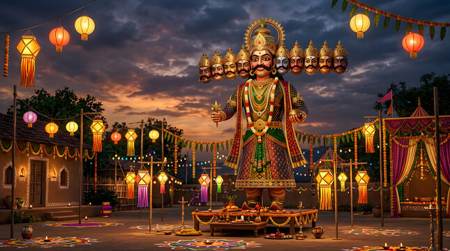 Ravana effigy with lanterns during Dussehra festival at night.