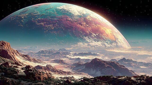 Landscape of alien planet showing rocky canyon surface with a giant colorful earth-like planet in the sky.