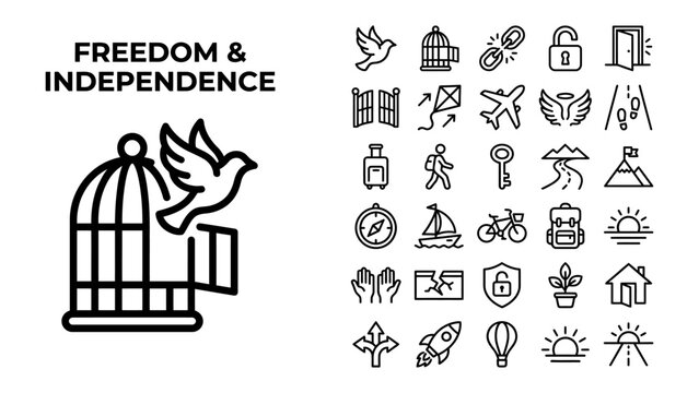 Freedom and Independence Icons: A graphic illustration featuring a bird escaping a cage symbolizing freedom, alongside a collection of icons representing independence, travel, and adventure.