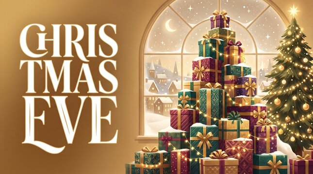 Festive Christmas Eve Banner Featuring a Large Stack of Gift Boxes, Decorated Tree, and Snowy Village View Through the Window